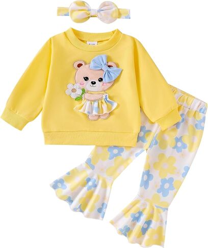 Madjtlqy Toddler Girl Clothes Long Sleeve Crewneck Sweatshirts Flare Pants Headband Cute Infant Baby Fall Winter Outfits in Saudi Arabia