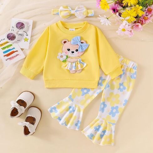 Madjtlqy Toddler Girl Clothes Long Sleeve Crewneck Sweatshirts Flare Pants Headband Cute Infant Baby Fall Winter Outfits in Saudi Arabia