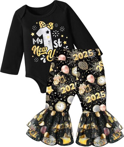 New Years Baby Girl Outfit, My 1st New Years Letter Print Long Sleeve Romper and Flared Pants 2PCS New Years Eve Outfit in Kuwait