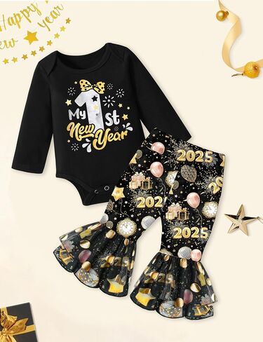 New Years Baby Girl Outfit, My 1st New Years Letter Print Long Sleeve Romper and Flared Pants 2PCS New Years Eve Outfit in Kuwait