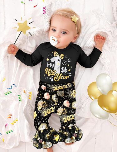 New Years Baby Girl Outfit, My 1st New Years Letter Print Long Sleeve Romper and Flared Pants 2PCS New Years Eve Outfit in Kuwait