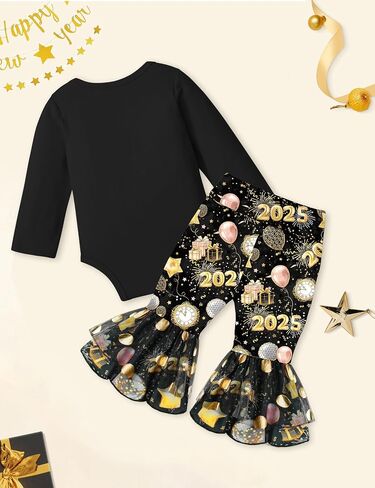 New Years Baby Girl Outfit, My 1st New Years Letter Print Long Sleeve Romper and Flared Pants 2PCS New Years Eve Outfit in Kuwait
