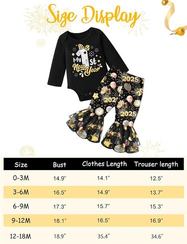 New Years Baby Girl Outfit, My 1st New Years Letter Print Long Sleeve Romper and Flared Pants 2PCS New Years Eve Outfit in Kuwait