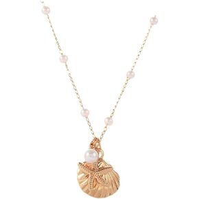 Boho Starfish Seashell Layered Necklace Gold Silver Plated Dainty Charm Double Layer Sea Shell Lucky Stars Ocean Animal Chain Necklace for Women Teen Girls Hawaiian Summer Beach Vacation Trendy Jewelry Gifts