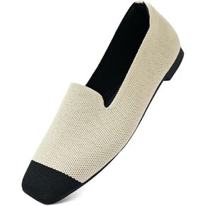 Flat Shoes for Women with Mesh Knitted Square Toe Ballet Flats Soft Slip On Walking Shoes Comfortable Office Shoes