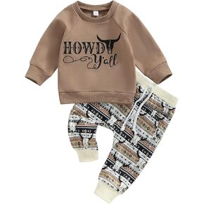 Western Baby Boy Clothes Cow Print Sweatshirt Pullover Top Jogger Pants 2Pcs Toddler Boy Cowboy Fall Winter Outfits (Khaki #b, 18-24 Months)