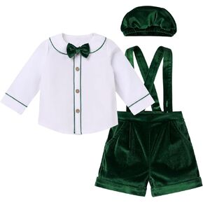 IDOPIP Baby Boys Velvet Formal Suit Toddler Gentleman Outfit Long Sleeve Shirt with Bowtie Suspender Pants Hat Winter Clothes