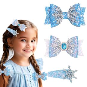 3Pcs Christmas Glitter Snowflake Blue Hair Barrettes Bow Hair Clips Cute Alligator Barrettes Christmas Hair Accessories for Women Princess Holiday Party
