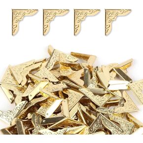 80pcs Metal Book Corner Protectors, Vintage Book Corner Covers Triangle Carved Decorative Photo Edge Protector with Storage Box for Album Menu File Folder Scrapbooking Page Notebook (Gold)