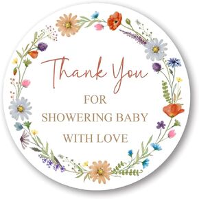 1.75" Little Wildflower Baby Shower Thank You Card Stickers,Baby Shower Party Stickers,Party Favor Bag Labels - Set of 60