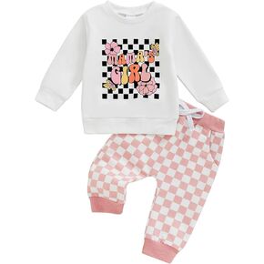 Toddler Baby Girl Fall Winter Outfit Mamas Girl Long Sleeve Checkerboard Sweatshirt Jogger Pant Infant Clothes Set