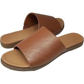 Women's Round Open Toe Flat Sandals Summer Leather Casual Slides Slippers