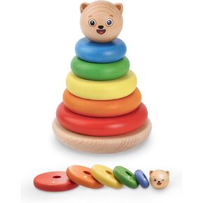 Bimi Boo Wooden Rainbow Stacking Rings for Toddlers - Ring Stacker Baby Toy with Roly-Poly Base - Montessori Early Counting Toy, Size Recognition Learning Activity - Ideal Baby Gift (5 Rings)