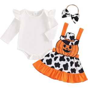 Baby Girl Halloween Outfit Ruffle Long Sleeve Ribbed Romper Ghost/Pumpkin/Witch Print Suspender Skirt Sets 0 3 6 12 18 Months