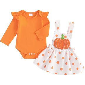 Baby Girl Halloween Outfit Ruffle Long Sleeve Ribbed Romper Ghost/Pumpkin/Witch Print Suspender Skirt Sets 0 3 6 12 18 Months in Kuwait