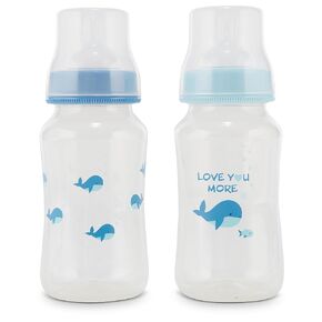 Premium 2-Pack Baby Bottles - 11 Ounce, Hourglass Shape, Fun Boys and Girls Prints, Clear Cover - BPA-Free