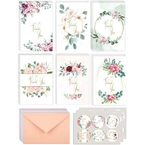 Thank You Cards 48 ct Set | 6 Floral Designs Stationary | Gold Foil | Matching Envelopes & Stickers Designs | Special Occastion | Wedding, Birthday, Graduation, Baby Shower