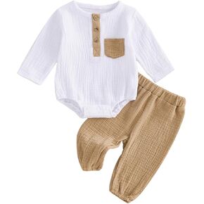 fhutpw Baby Boy Clothes Henley Bodysuit Top Long Sleeve Newborn 3 6 12 18 Months Fall Outfit Two Piece Sets with Pockets