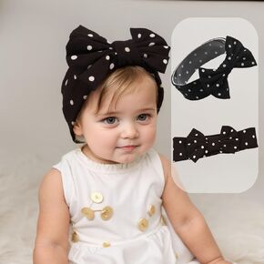 Stretchy Baby Girls Nylon Bows Headbands Polka Dot Turban Hair Bows Knots Tied Elastic Soft Hair Band for Newborn Infant Toddlers Kids (Black with White Polka Dots A, Standard)