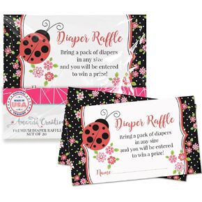 Amanda Creation Diaper Raffle Tickets for Baby Shower – Pack of 20 2" X 3.5" Red Ladybug Double Sided Game Cards, Stock Up on Diapers Only Made in the USA