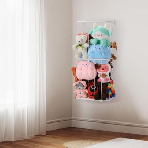 Shinoske Corner Stuffed Animal Storage,Metal Adjustable Heights Stuffed Animal Holder with Elastic Rope,Wall Mount Ball Storage Hanging Organizers for Nursery,Living Room,Playroom,Bedroom,White