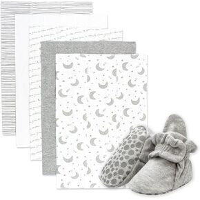 Zutano Newborn Unisex Gift Set | 5 Pack Organic Burp Cloths and Oragnic Baby Booties, Bundle, Heather Gray & Moons, 3M