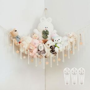 Stuffed Animal Storage Hammock with Wooden Beads Charm Corner Hanging Net Boho Tassel Toy Plush Storage for Kid Room Nursery Decor Easy Install Corner Wall Display Hanging Organizer for Girls Boy Gift