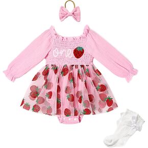 Miipat Baby Girl 1st Birthday Outfit Long Sleeve Tulle Romper Dress Cake Smash Clothes with Headband Socks
