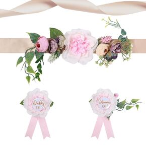Maternity Sash Set for The Mommy and Daddy-to-be, with Corsage Pin Flowers as Baby Shower Souvenirs.Perfect for Gender Reveal Decorations and Pregnancy Photography Props (Flower) ﻿