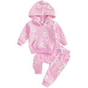 Baby Girl Daisy Print Fall Winter Clothes Toddlers Long Sleeve Hooded Sweatshirt Drawstring Pants 2 Piece Outfit