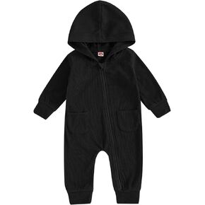 Newborn Baby Girl Boy Clothes Solid Color Long Sleeve Hoodie Romper Zip Up Jumpsuit Basic Fall Winter Outfit