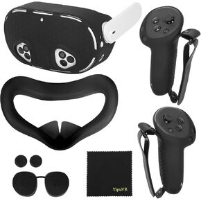 5 in 1 Silicone Cover Set Accessories for Meta Quest 3S, VR Protective Case Set for Oculus Quest 3S, Controller Grip Cover, VR Shell Cover, Face Cover, Joystick Caps, Lens Cover (Black)