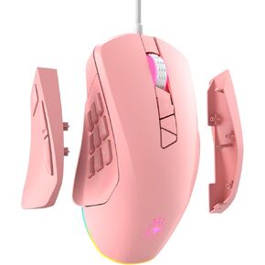 Wired Gaming Mouse with Side Plates, MMO Mouse with 14 Programmable Buttons, Ergonomic Gaming Mouse with 2 Grip Plates, Computer Mouse with Max 12,400 DPI, RGB Lighting, White