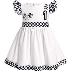 ODASDO Baby Girl Toddler Kids Racing Car 1st 2nd Birthday Outfit Checkered Flutter Sleeve A-line Ruffle Dress