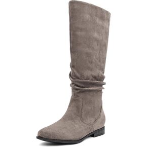 VJH confort Women's Knee-High Boots Comfortable Low Heel Almond Toe Wide Calf Side Zip Fall Winter Long Boots