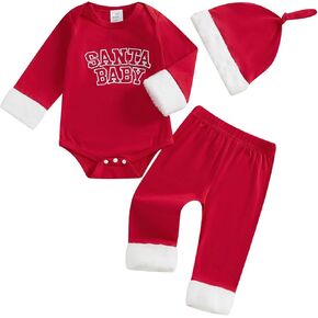 Muasaaluxi My First Christmas Baby Boy Outfit Long Sleeve Santa Baby Romper Red Long Pants Xmas Hat 3Pcs Christmas Outfit