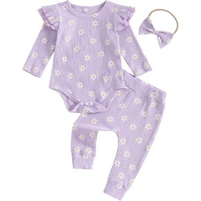 TheFound Toddler Baby Girl Outfits Cute Daisy Print Ruffled Shoulder Ribbed Romper Long Pant Fall Winter Newborn Baby Clothes