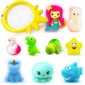No Hole Light Up Bath Toys, 9pcs Flashing Colourful Bathtub Mermaid Toy with Storage Bag and Net Fishing for Swimming Pool Party Bathroom, Bathtub Floating Water Toy for Infant Kid Toddler Boy Girl