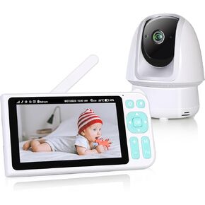 BLAZEVIDEO 1080p FHD Baby Monitor with 5" Display, 3000ft Range, 2-Way Audio, Night Vision, Lullabies, 5000mAh Battery White