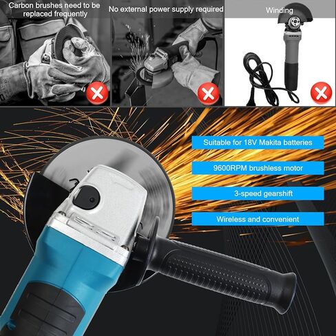 طقم مطحنة زاوية لاسلكية لبطارية ماكيتا 18 فولت، مطحنة معدنية كهربائية بدون فرشاة 9600 دورة في الدقيقة، 3 سرعات ومقبض، مطحنة طاقة محمولة لعجلات 5 بوصة لقطع الطحن (أداة فقط) in Kuwait