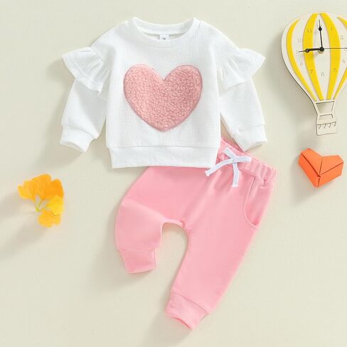 Toddler Baby Girl Clothes Heart Ruffles Long Sleeve Sweatshirt Sweatpants Set Infant Fall Winter Outfits in Kuwait