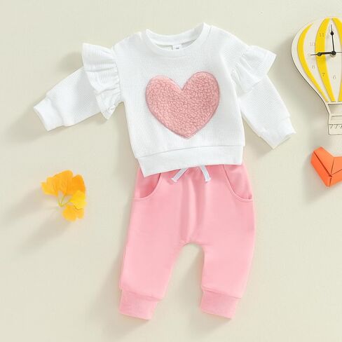 Toddler Baby Girl Clothes Heart Ruffles Long Sleeve Sweatshirt Sweatpants Set Infant Fall Winter Outfits in Kuwait