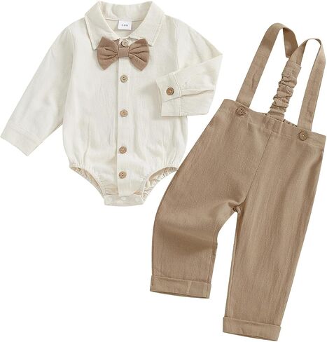 Fall Outfit Infant Baby Boy Gentleman Long Sleeve Romper Dress Shirt Bowtie Suspender Pants 2Pcs Suit Clothes Set in Saudi Arabia