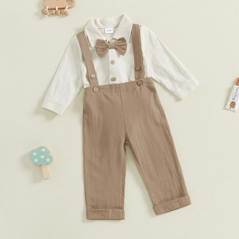 Fall Outfit Infant Baby Boy Gentleman Long Sleeve Romper Dress Shirt Bowtie Suspender Pants 2Pcs Suit Clothes Set in Saudi Arabia