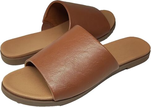 Women's Round Open Toe Flat Sandals Summer Leather Casual Slides Slippers in Saudi Arabia