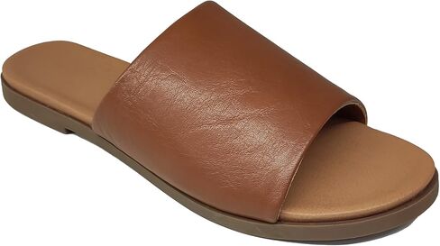 Women's Round Open Toe Flat Sandals Summer Leather Casual Slides Slippers in Saudi Arabia