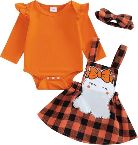Baby Girl Halloween Outfit Ruffle Long Sleeve Ribbed Romper Ghost/Pumpkin/Witch Print Suspender Skirt Sets 0 3 6 12 18 Months in Saudi Arabia
