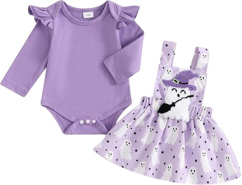 Baby Girl Halloween Outfit Ruffle Long Sleeve Ribbed Romper Ghost/Pumpkin/Witch Print Suspender Skirt Sets 0 3 6 12 18 Months in Saudi Arabia