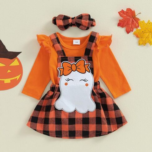 Baby Girl Halloween Outfit Ruffle Long Sleeve Ribbed Romper Ghost/Pumpkin/Witch Print Suspender Skirt Sets 0 3 6 12 18 Months in Saudi Arabia
