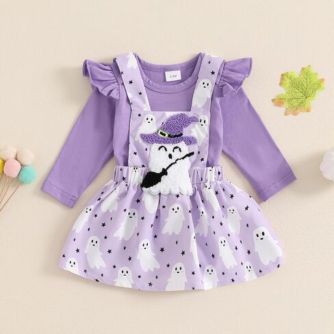 Baby Girl Halloween Outfit Ruffle Long Sleeve Ribbed Romper Ghost/Pumpkin/Witch Print Suspender Skirt Sets 0 3 6 12 18 Months in Saudi Arabia